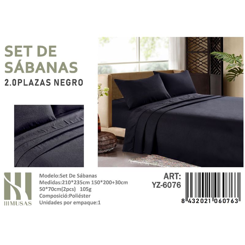 ANGELES DEL HOGAR - Set De Sabanas 2 Plazas  Color Negro 200 Hilos + 2 Funda De Almohada