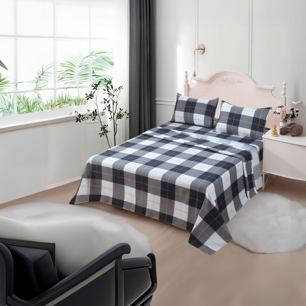 GENERICO - JUEGO DE SABANAS 2.5 ALGODON 200 HILOS CUADRILLE NEGRO 618