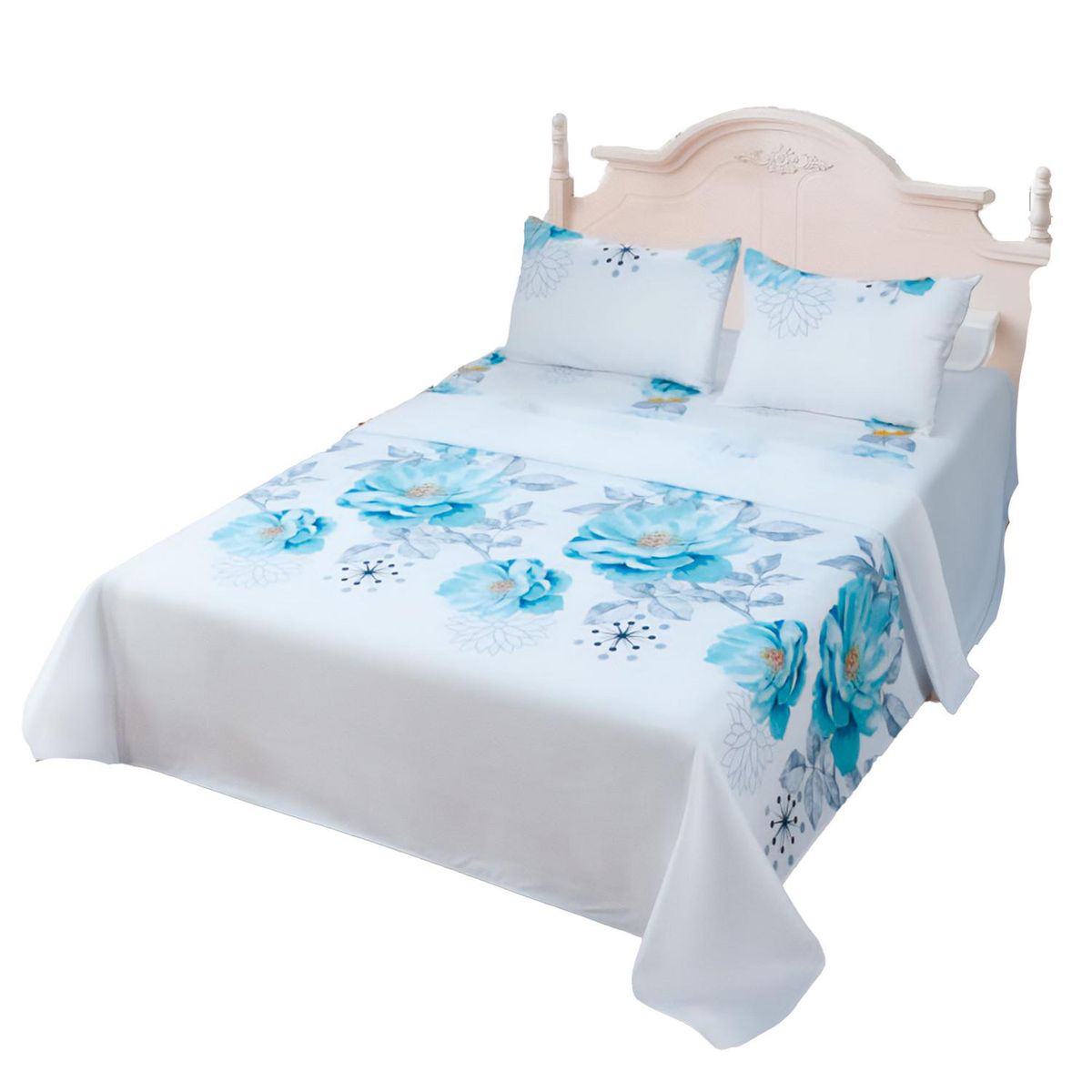 GENERICO - JUEGO DE SABANAS 2.5 ALGODON 200 HILOS ROSAS CELESTE 597