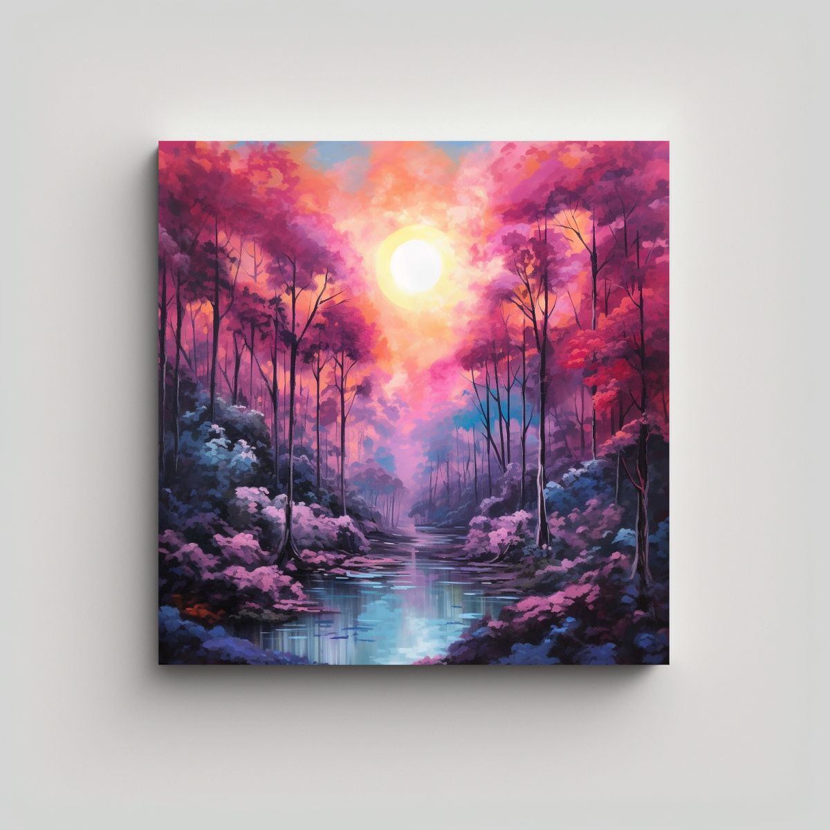GENERICO - Pintura Tela Relieve Paisaje Bosque Al Atardecer 90x90 Cm.