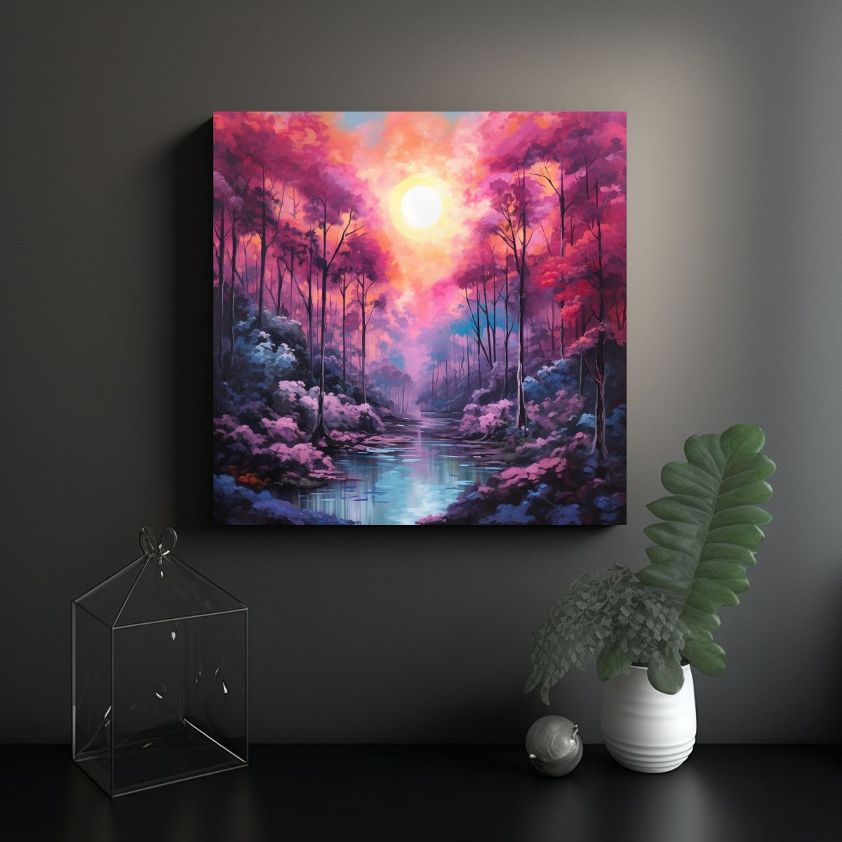GENERICO - Pintura Tela Relieve Paisaje Bosque Al Atardecer 90x90 Cm.
