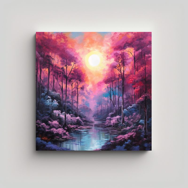 GENERICO - Pintura Tela Relieve Paisaje Bosque Al Atardecer 50x50 Cm