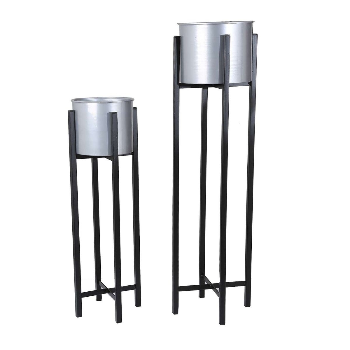 HOME ESSENTIALS - Set 2 maceteros con pedestal plateados