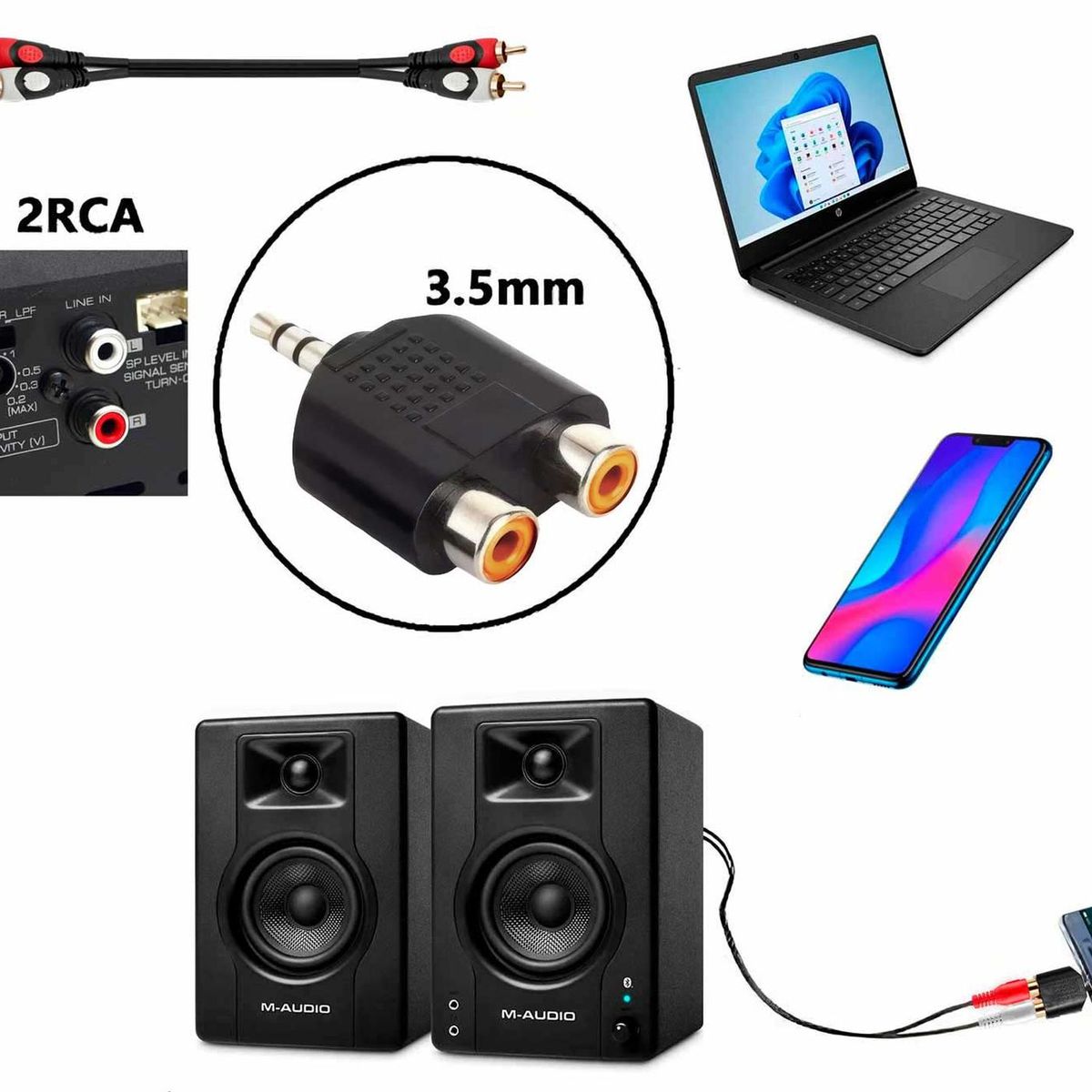 GEN - Adaptador Splitter Audio 2 Rca Hembra 1 Plug Jack 3.5 Macho - Negro