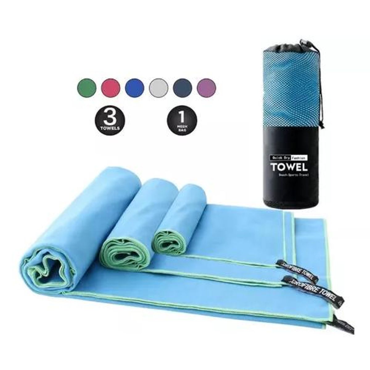 GENERICO - Toalla de baño microfibra secado rápido 3 piezas celeste
