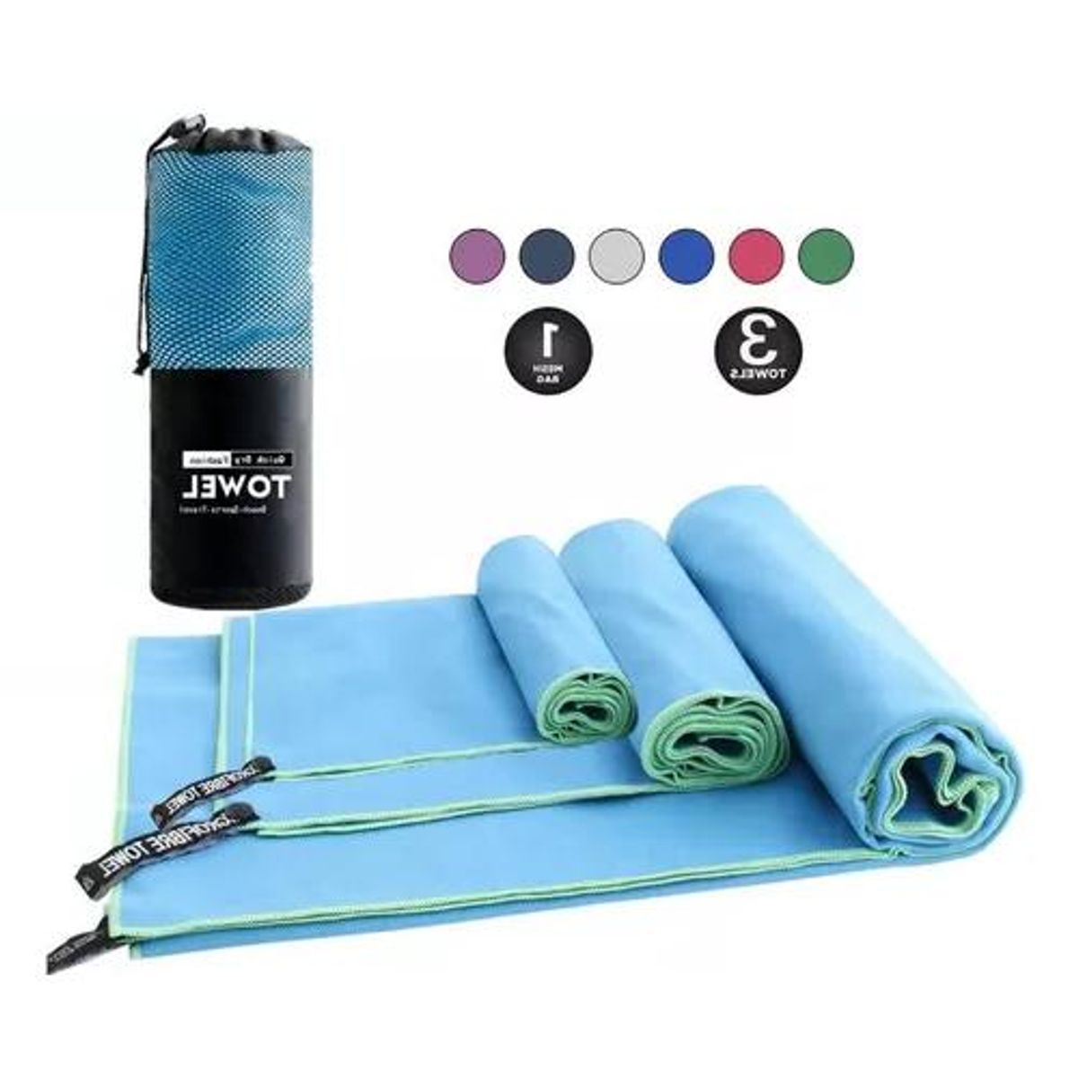 GENERICO - Toalla de baño microfibra secado rápido 3 piezas celeste