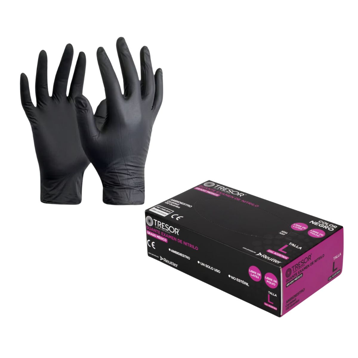REUTTER - Guantes de Nitrilo Negros Talla L * 100 Unidades