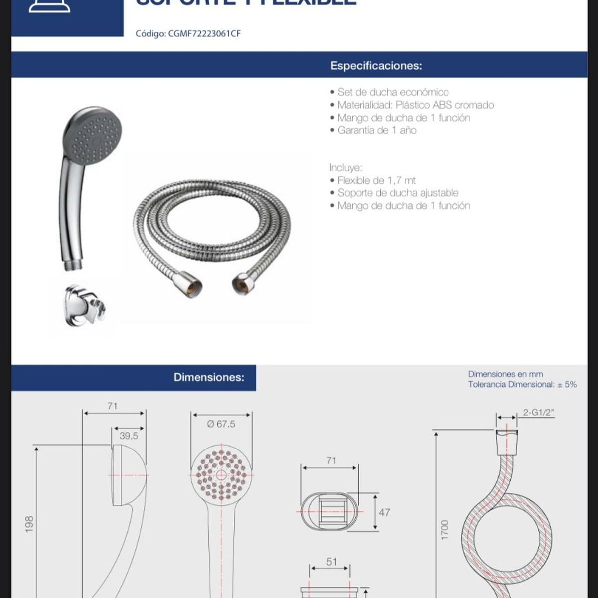 FANALOZA - Set Ducha Teléfono Standard Mango Soporte Flexible Fanaloza