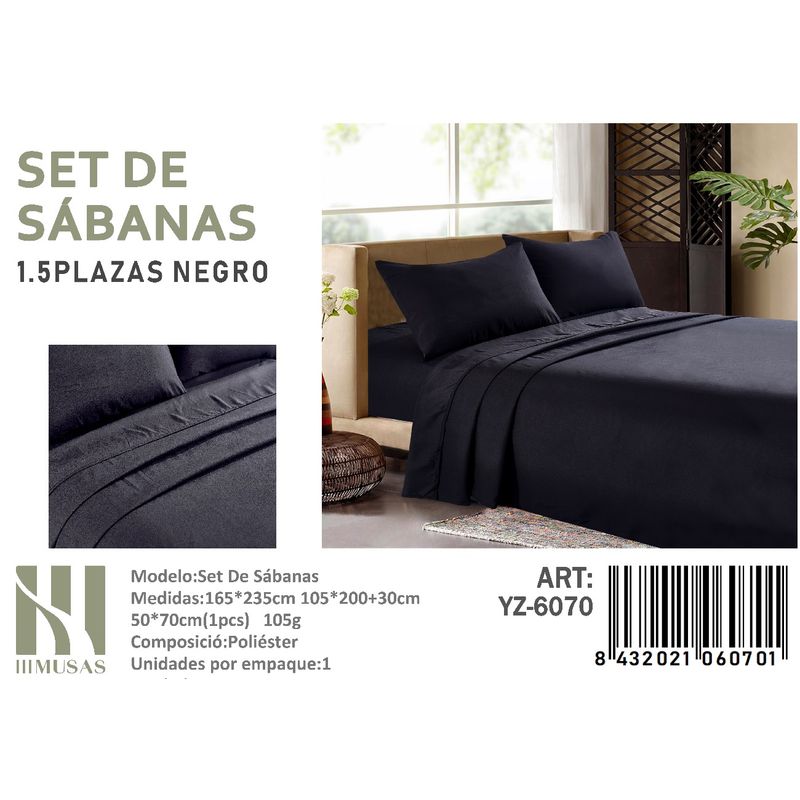 ANGELES DEL HOGAR - Set De Sabanas Plaza y Media Negro 200 hilos  + 1 Funda De Almohada