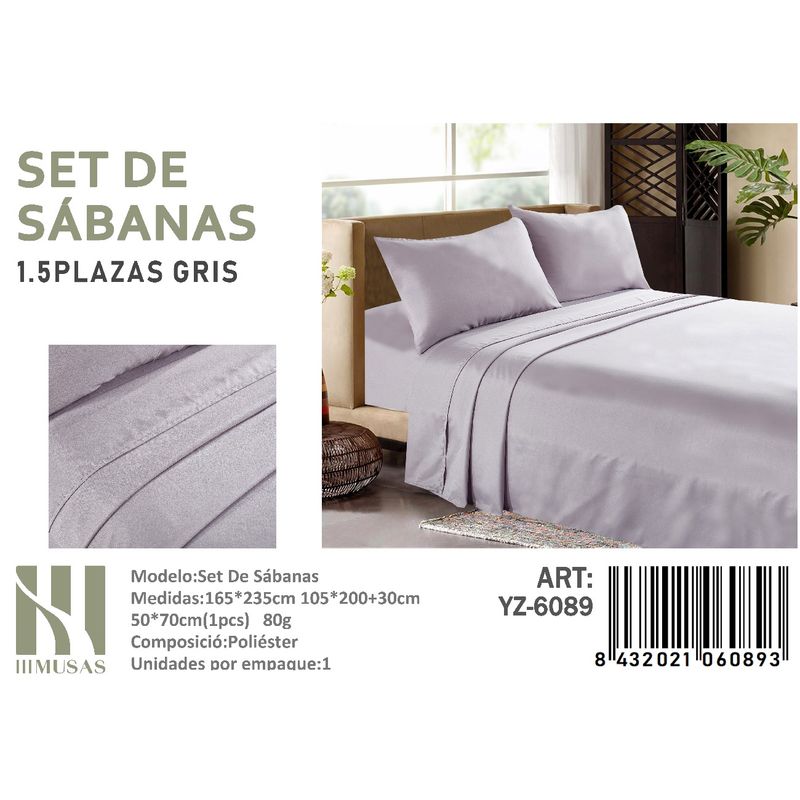 ANGELES DEL HOGAR - Set De Sabanas Plaza y Media Gris 150 Hilos + 1 Funda De Almohada