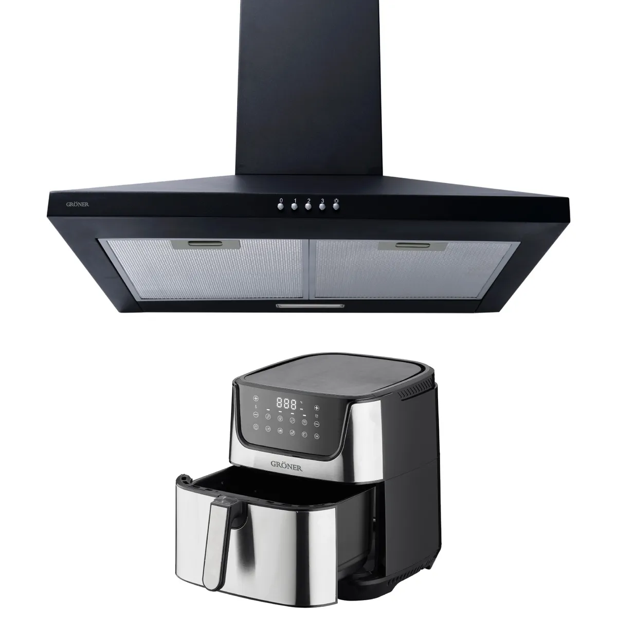 GRONER - Kit Freidora de Aire Digital 7L + Campana Piramidal Gröner Black 60 cm
