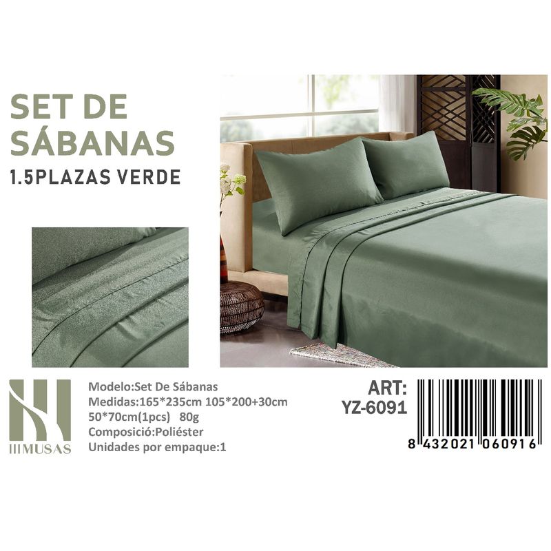 ANGELES DEL HOGAR - Set De Sabanas Plaza y Media Verde 150 Hilos + 1 Funda De Almohada