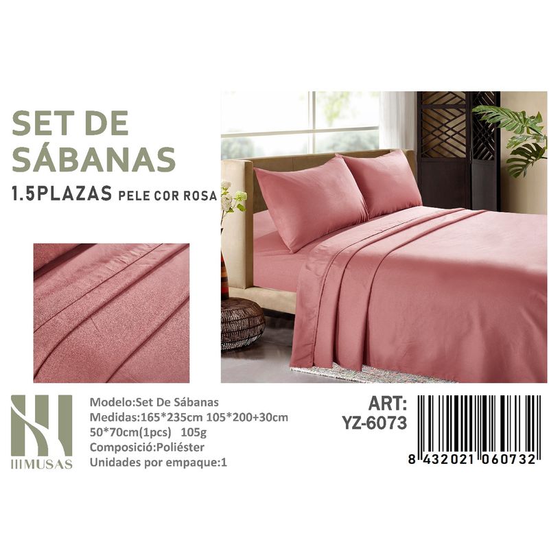 ANGELES DEL HOGAR - Set De Sabanas Plaza y Media Rosa 200 hilos + 1 Funda De Almohada