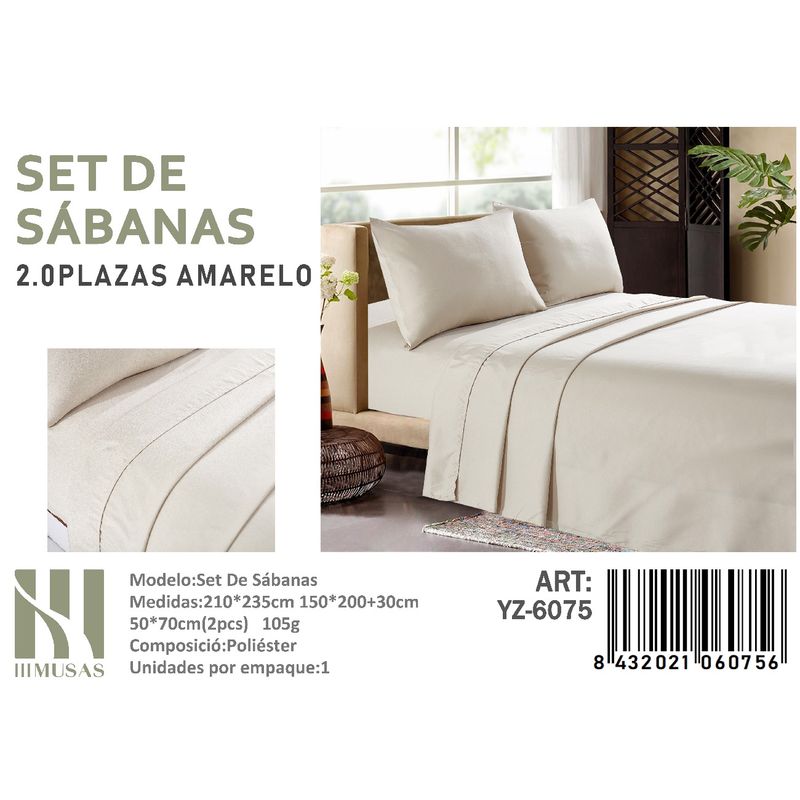 ANGELES DEL HOGAR - Set De Sabanas 2 Plazas  Amarelo 200 Hilos + 2 Funda De Almohada
