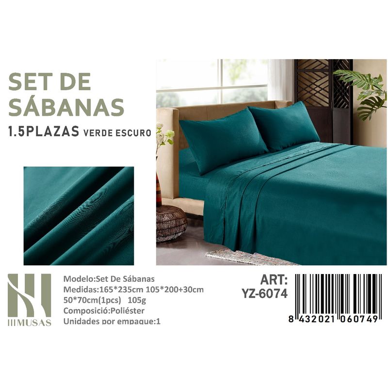 ANGELES DEL HOGAR - Set De Sabanas Plaza y Media Verde Oscuro  200 hilos+Funda De Almohada