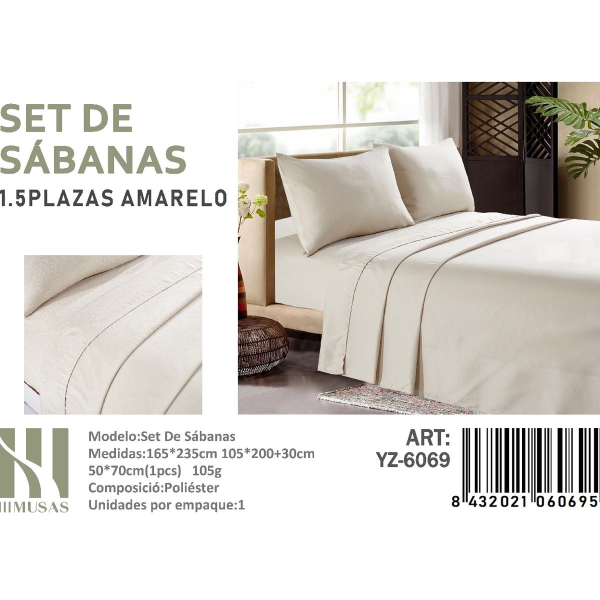 ANGELES DEL HOGAR - Set De Sabanas Plaza y Media Amarelo 200 Hilos + 1 Funda De Almohada