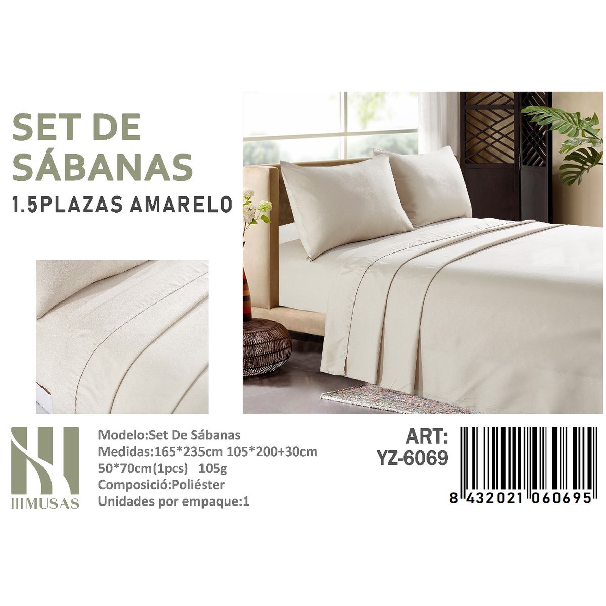 ANGELES DEL HOGAR - Set De Sabanas Plaza y Media Amarelo 200 Hilos + 1 Funda De Almohada