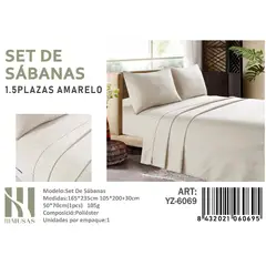 ANGELES DEL HOGAR - Set De Sabanas Plaza y Media Amarelo 200 Hilos + 1 Funda De Almohada