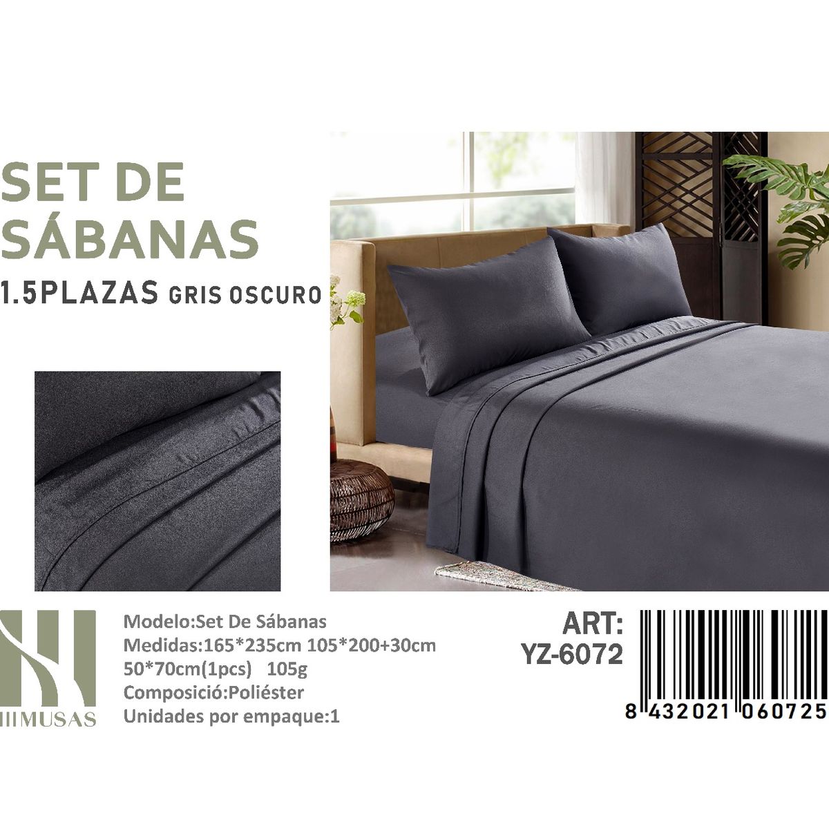 ANGELES DEL HOGAR - Set De Sabanas Plaza y Media Gris Oscuro  200 hilos+Funda De Almohada