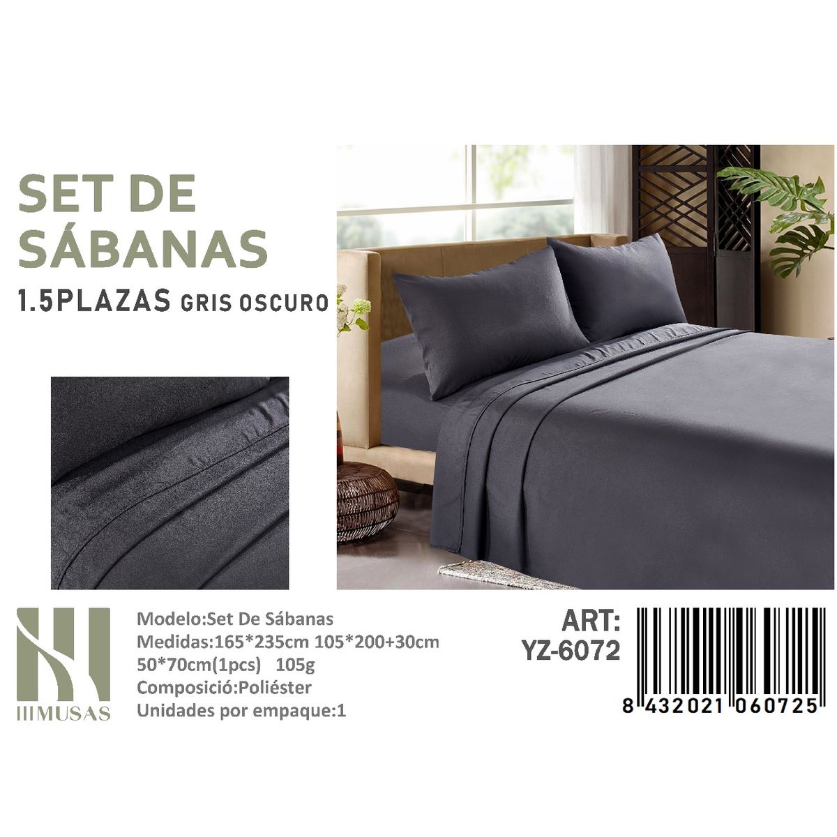 ANGELES DEL HOGAR - Set De Sabanas Plaza y Media Gris Oscuro  200 hilos+Funda De Almohada