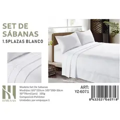ANGELES DEL HOGAR - Set De Sabanas Plaza y Media Blanco 200 hilos + 1 Funda De Almohada