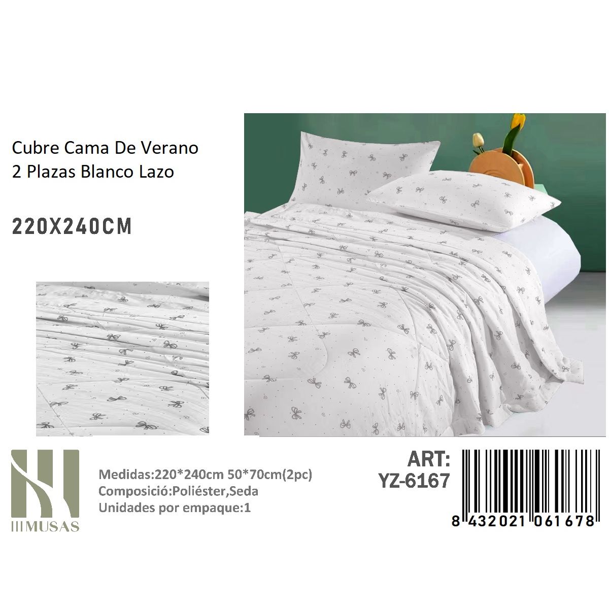 ANGELES DEL HOGAR - Cubrecama De verano Seda 2 Plazas MUSAS  Blanco Laso