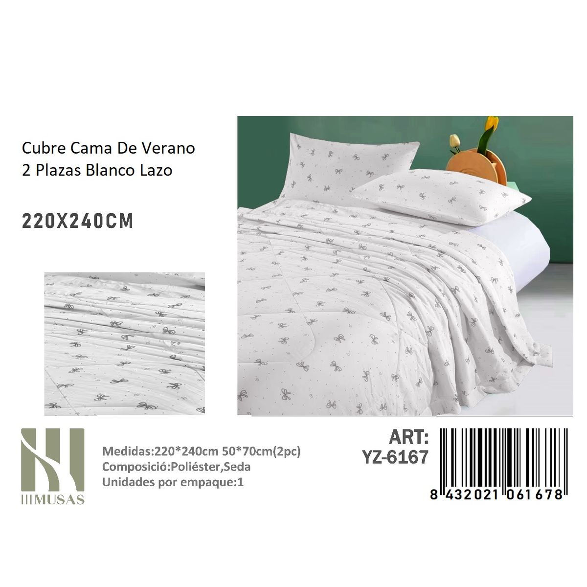 ANGELES DEL HOGAR - Cubrecama De verano Seda 2 Plazas MUSAS  Blanco Laso