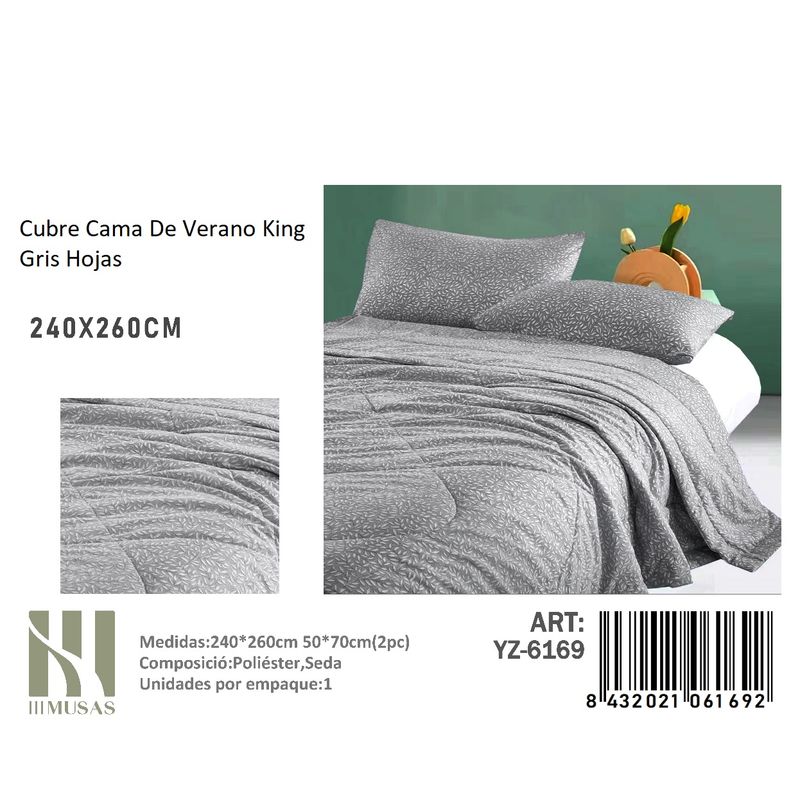 ANGELES DEL HOGAR - Cubrecama De verano Seda King MUSAS Gris Hojas