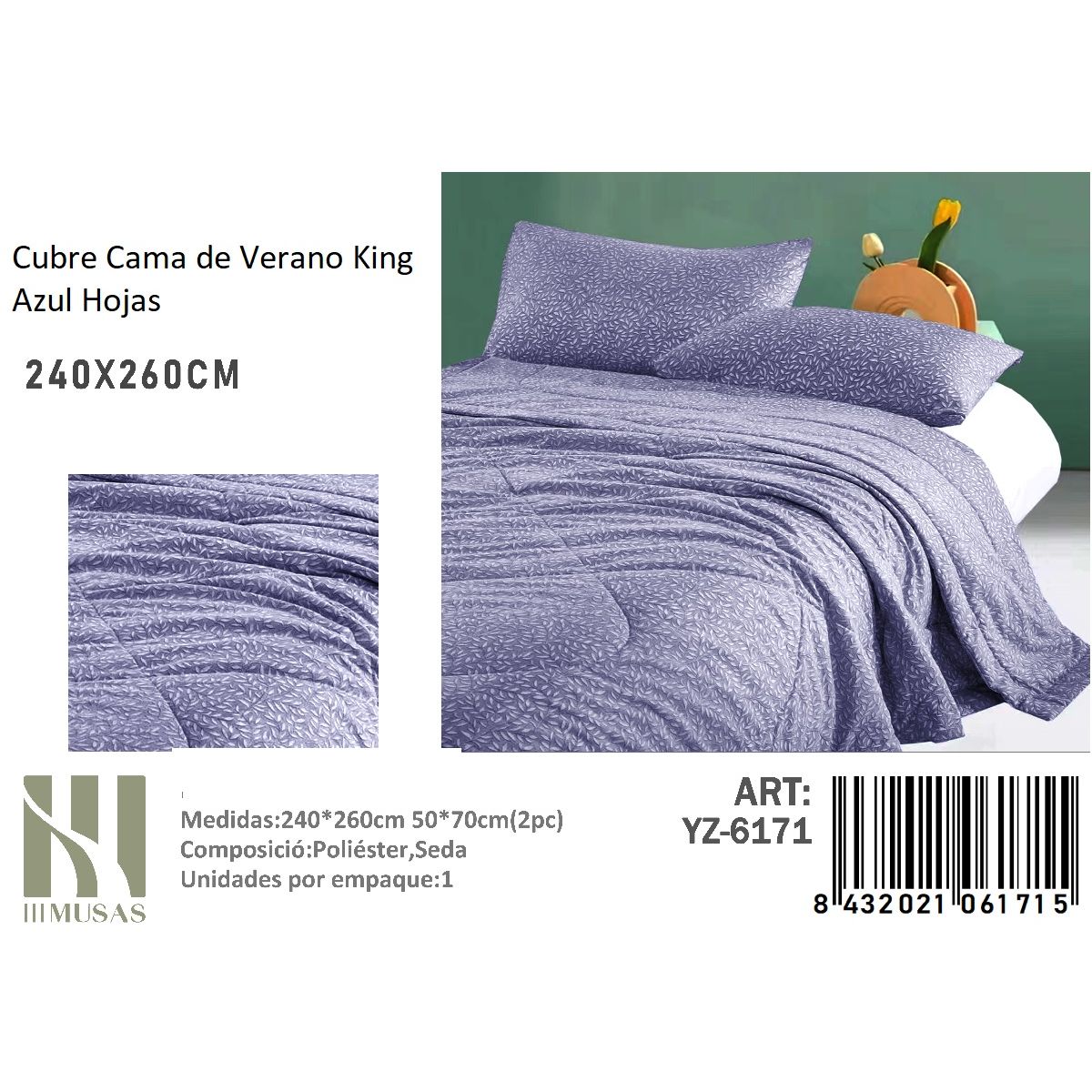 ANGELES DEL HOGAR - Cubrecama De verano Seda King MUSAS Azul Hojas