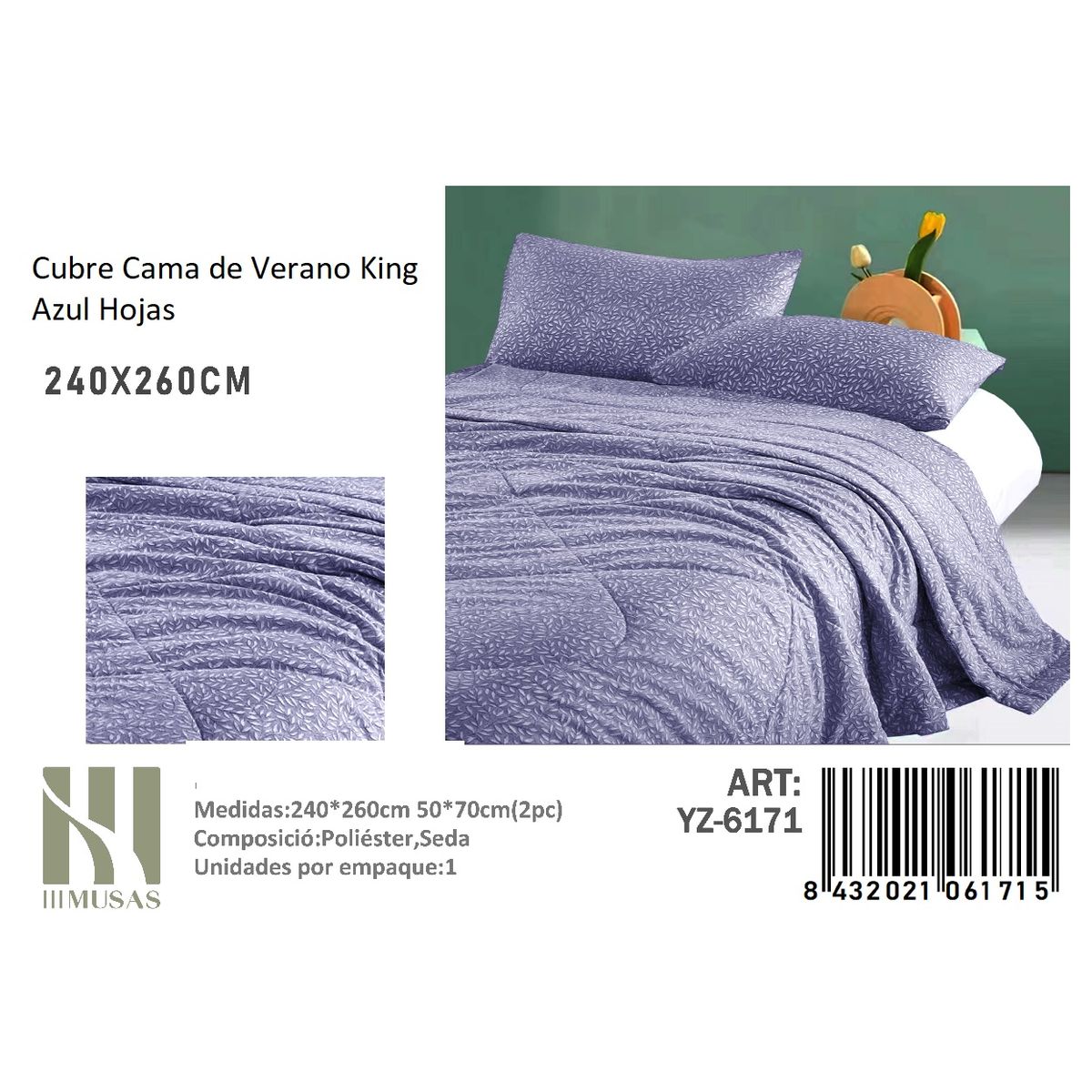 ANGELES DEL HOGAR - Cubrecama De verano Seda King MUSAS Azul Hojas