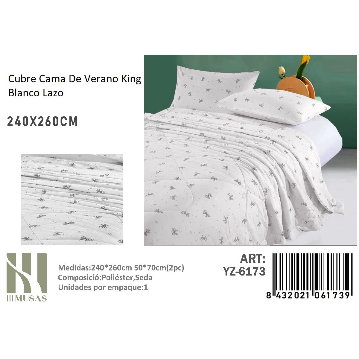 ANGELES DEL HOGAR - Cubrecama De verano Seda King MUSAS Blanco Lazo