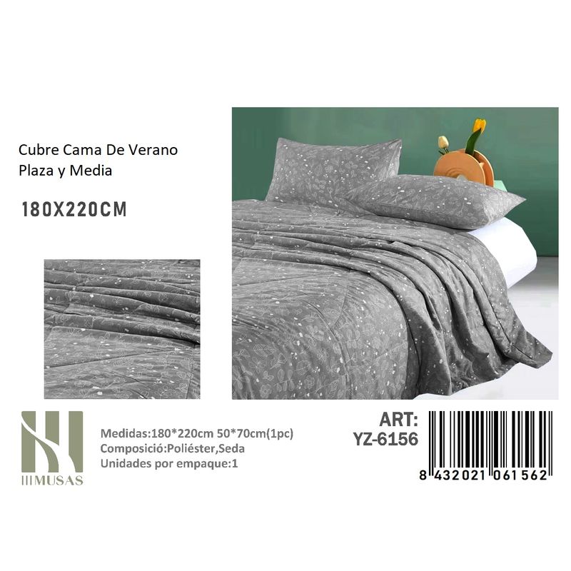 ANGELES DEL HOGAR - Cubrecama De verano Seda  Plaza y media MUSAS   Gris Hoja