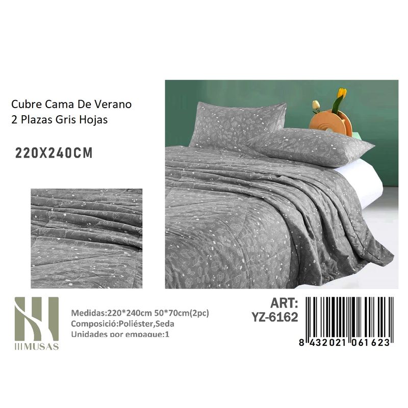 ANGELES DEL HOGAR - Cubrecama De verano Seda 2 Plazas MUSAS  Gris Hojas