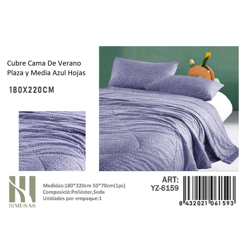 ANGELES DEL HOGAR - Plumon De verano Seda  Plaza y media MUSAS   Azul Hojas