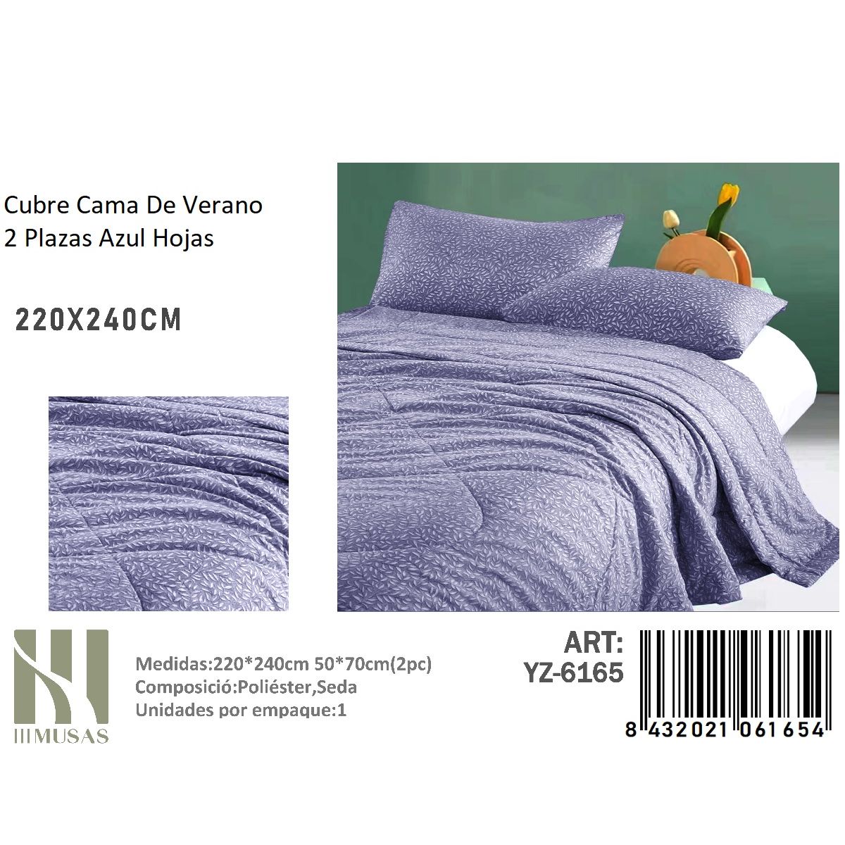 ANGELES DEL HOGAR - Plumon De verano Seda 2 Plazas MUSAS  Azul Hojas