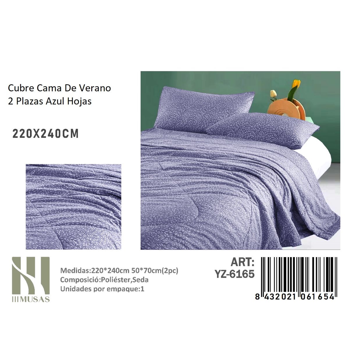 ANGELES DEL HOGAR - Plumon De verano Seda 2 Plazas MUSAS  Azul Hojas