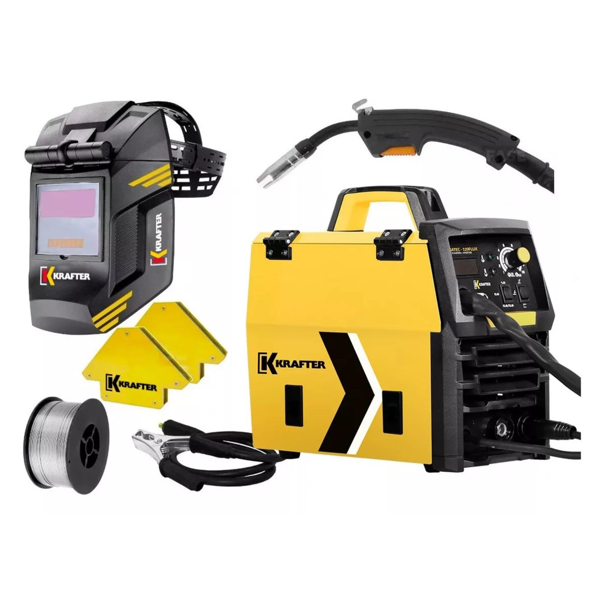 KRAFTER - Kit Soldadora Megatec-120flux + máscara + 2 Escuadras + alambre5kg
