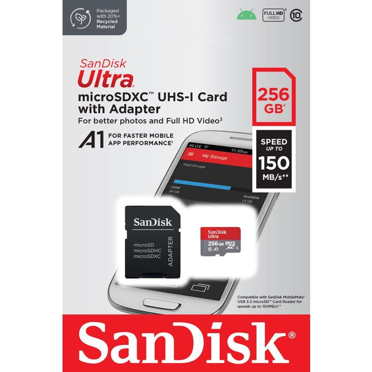 SANDISK - Tarjeta MicroSD SanDisk Ultra 256GB UHS-I C10 Adaptador SD