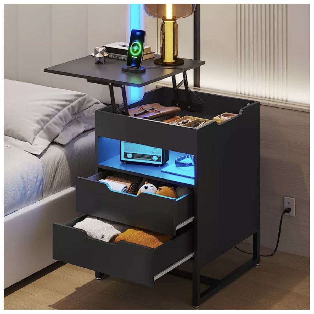 HOMER DESIGN - Velador Elevable Con Luz Y Echufe 2 Tiras 45x35x70cm