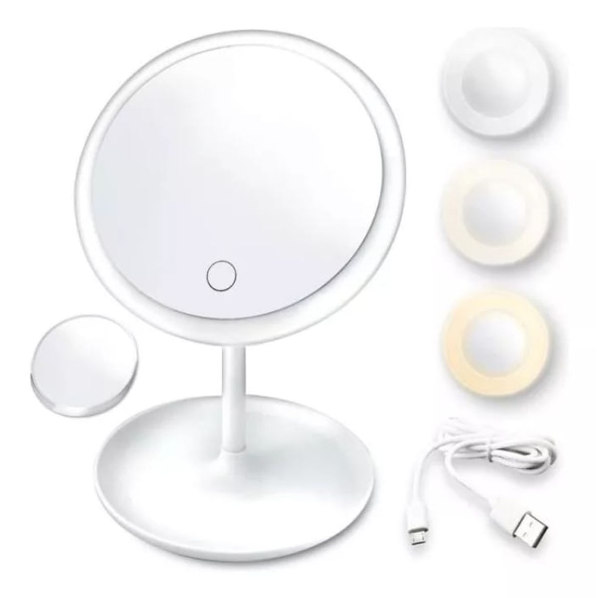 GENERICO - Espejo Pedestal Led 3 Tonos De Luces Giratorio Recargable