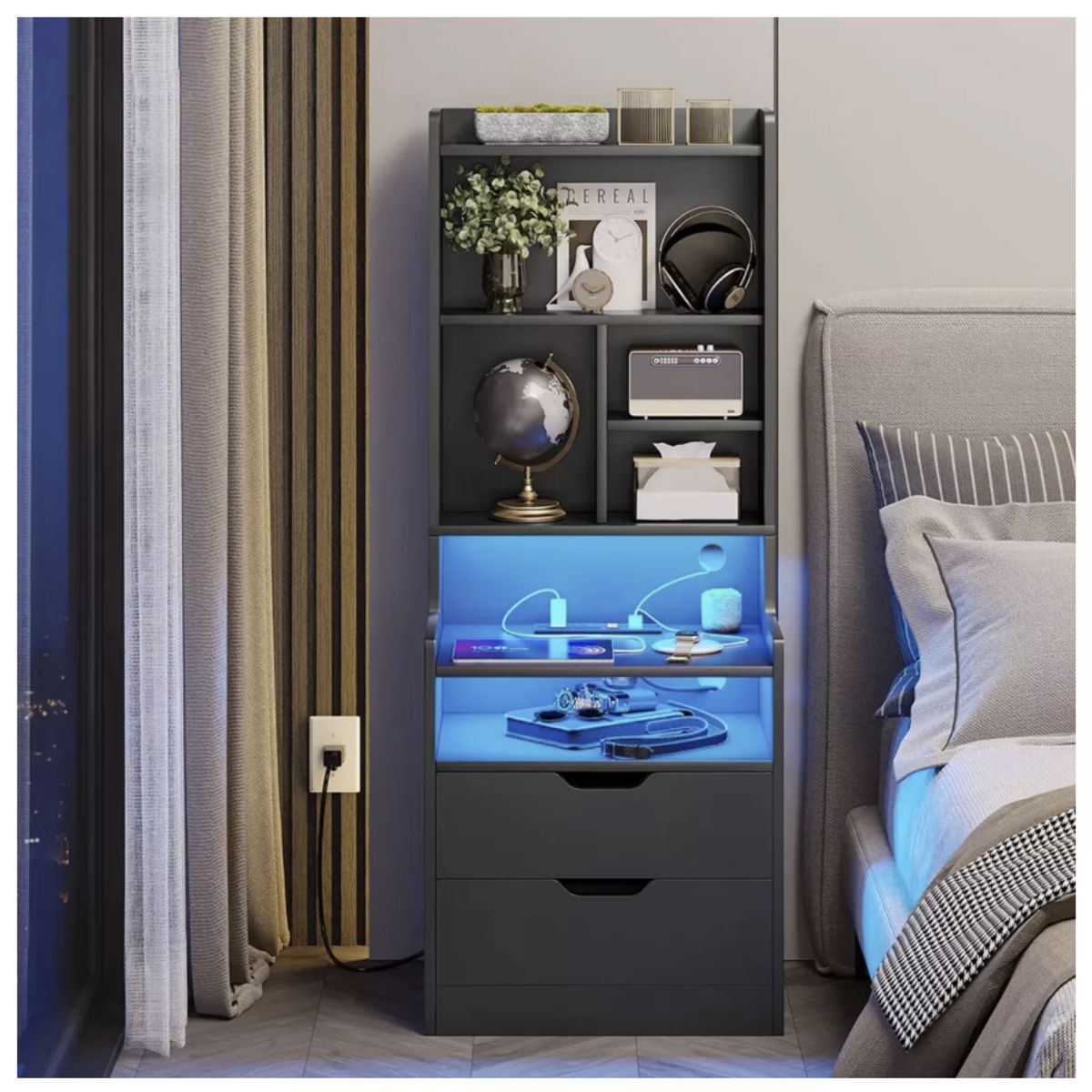 HOMER DESIGN - Velador Alto 127x35x45cm Con Luz Enchufe Y Estante 2 Tiras