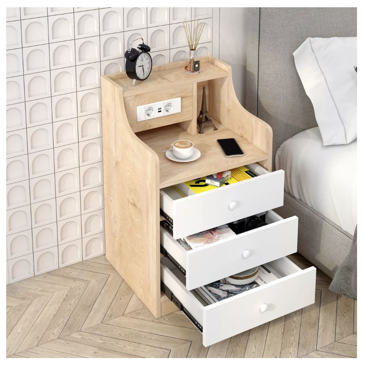 HOMER DESIGN - Velador Premium Moderno Con Echufe 3 Tiras 45x35x68cm