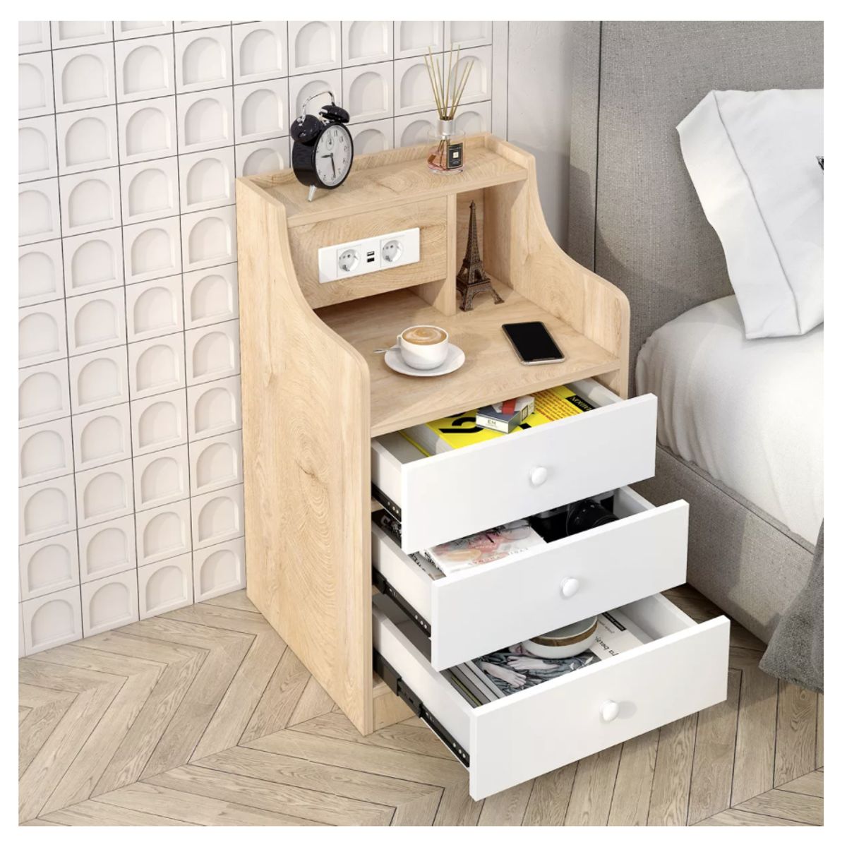 HOMER DESIGN - Velador Premium Moderno Con Echufe 3 Tiras 45x35x68cm