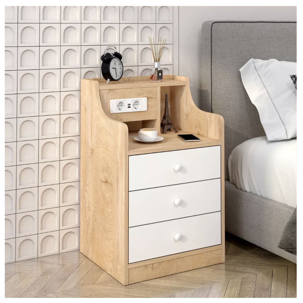 HOMER DESIGN - Velador Premium Moderno Con Echufe 3 Tiras 45x35x68cm