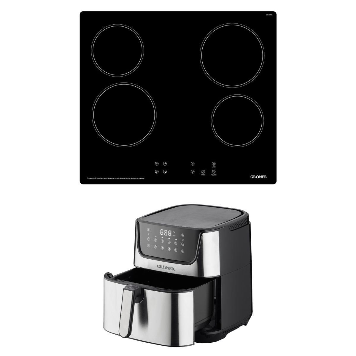 GRONER - Kit Freidora de Aire Digital 7L + Encimera Vitrocerámica Gröner Black 4Q