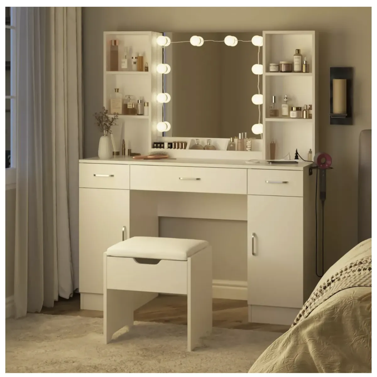 HOMER DESIGN - Tocador Con Espejo tipo Hollywood con Taburete Cajones 140x115x40cm