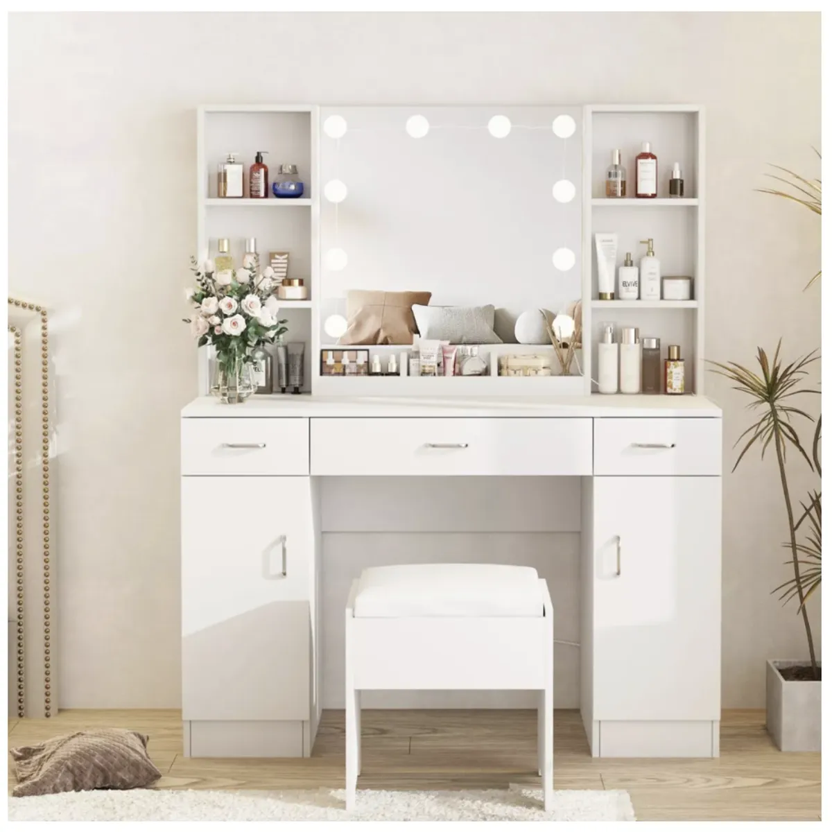 HOMER DESIGN - Tocador Con Espejo tipo Hollywood con Taburete Cajones 140x115x40cm