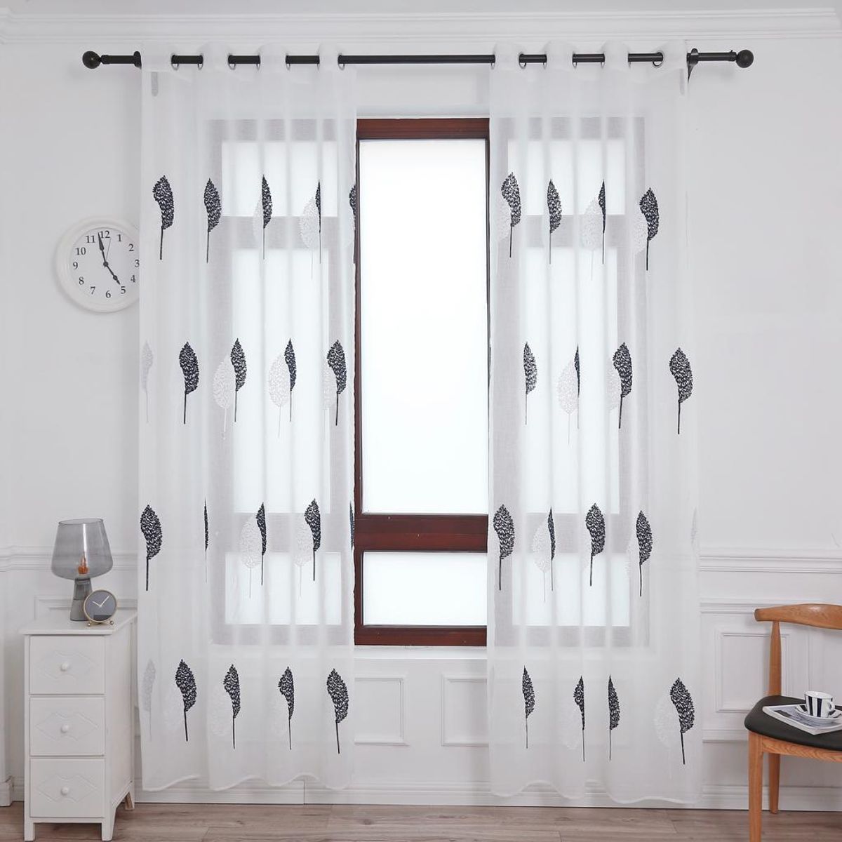 GENERICO - Cortina Velo Visillo Bordado 140 x 230 cm 2 Paños - Hojas Oscuras