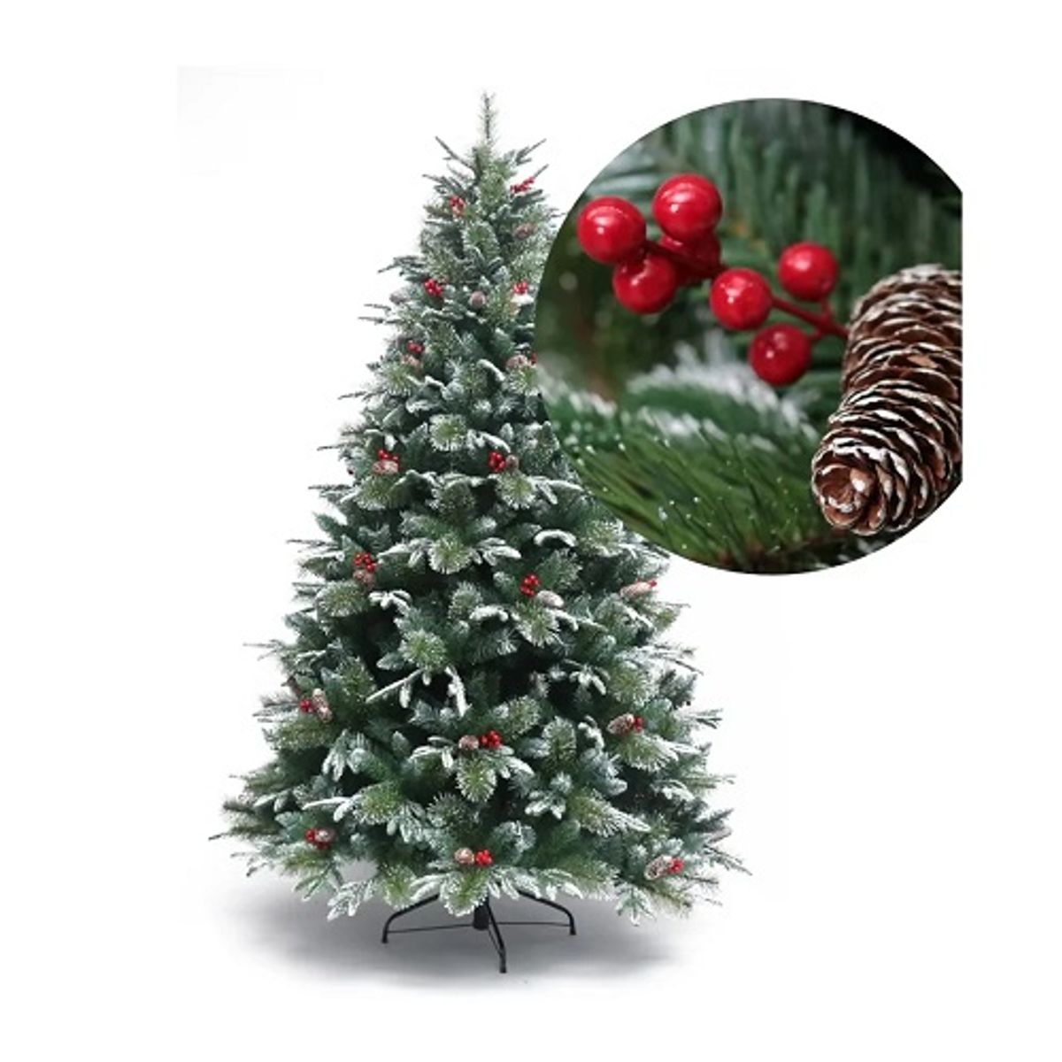 GENERICO - arbol navidad nevado frondoso frutos rojos y piñas navideños 150cm