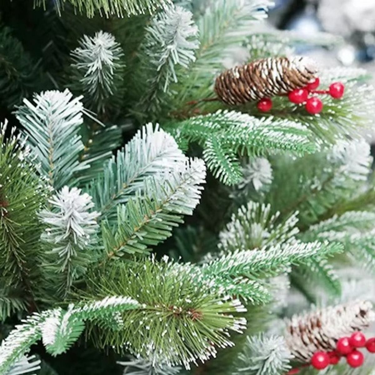 GENERICO - arbol navidad nevado frondoso frutos rojos y piñas navideños 150cm